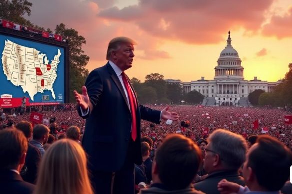 Una escena poderosa y dinámica se desarrolla en el corazón de Washington, D.C., donde la icónica 'Casa Blanca' se mantiene alta en un contexto de un 'Sky Sky' pintado en tonos de naranja y rosa, lo que indica una nueva era en la política estadounidense. En primer plano, un confiado "Donald Trump" hace gestos enfáticamente mientras se dirige a una multitud de seguidores, sus caras tienen una mezcla de "anticipación" y "emoción". Detrás de él, las pancartas saludan con consignas como 'America First' y 'Make America Great Again', simbolizando su compromiso renovado con la política exterior asertiva. A la izquierda, una pantalla grande muestra un mapa que destaca 'Groenlandia', 'Panamá' y 'Canadá', enfatizando las controvertidas amenazas de Trump. Mientras tanto, una pantalla más pequeña muestra una representación digital de un 'complejo turístico' en Gaza, agitando emociones mixtas entre los espectadores. La atmósfera está cobrada de tensión ya que varios 'periodistas' capturan el momento, sus cámaras parpadean,