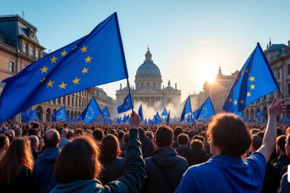 Una escena poderosa y evocadora que representa a una gran multitud reunida en una vibrante plaza de la ciudad, agitando apasionadamente las banderas 'azules' adornadas con 'doce estrellas doradas', que simboliza la 'Unión Europea'. La atmósfera se encarga de un sentido de unidad y determinación, a medida que las personas de diversos orígenes se unen, sus caras reflejan una mezcla de 'esperanza', 'orgullo' y 'resolver'. En el fondo, se acerca la histórica 'arquitectura europea', que representa el rico patrimonio cultural del continente. Las pancartas con consignas que abogan por una 'Europa unida' aletear en la brisa, mientras que se establece un escenario para oradores, enfatizando la importancia de la 'democracia', la 'prosperidad' y la 'paz'. El cielo es un claro 'azul', que simboliza el optimismo, y el sol arroja un cálido brillo sobre la reunión, destacando el espíritu colectivo de los participantes que están comprometidos con la visión de una 'unión política federal' en Europa. Esta imagen captura la ese