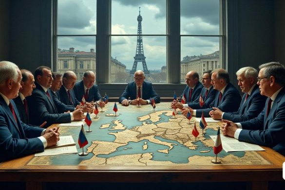 Una escena poderosa y evocadora que representa el paisaje geopolítico de Europa, con un telón de fondo de un cielo dramático pintado en profundos tonos de 'azul' y 'gris', simbolizando la tensión y la incertidumbre del clima político actual. En primer plano, un 'mapa' grande y antiguo de Europa se extiende sobre una mesa de madera desgastada, con varias 'banderas' que representan diferentes naciones europeas colocadas estratégicamente en él, algunas de pie altas mientras que otras están ligeramente inclinadas, lo que indica los diversos grados de influencia y estabilidad entre ellos. Al rodear el mapa, un grupo de diversos "líderes políticos" involucrados en una intensa discusión, sus expresiones una mezcla de determinación y preocupación, ya que señalan diferentes regiones en el mapa. Los líderes están vestidos con vestimenta formal, con una mezcla de 'trajes' y 'prendas tradicionales', que representan la diversidad cultural de Europa. En el fondo, una gran ventana revela un "paisaje urbano" de una capital e