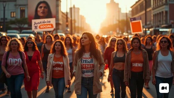 Una escena poderosa y evocadora que representa un grupo diverso de mujeres que se unen en solidaridad en una bulliciosa calle de la ciudad, simbolizando la lucha por la 'igualdad de género' y los 'derechos de los trabajadores'. Las mujeres, de varias etnias y edades, tienen pancartas vibrantes que leen 'Justícia Social' y 'Treball Digne', que muestran su determinación. En el fondo, un gran mural de una mujer con armas extendidas representa 'empoderamiento' y 'esperanza'. La atmósfera está cargada de energía, ya que los espectadores se detienen para presenciar la manifestación. El sol se pone en el fondo, arrojando una cálida luz dorada que resalta las caras de las mujeres, reflejando su resistencia y fuerza. Algunas mujeres usan ropa tradicional, mientras que otras están vestidas con atuendos modernos, ilustrando la intersección de culturas y experiencias. La escena captura la esencia del movimiento del "Día Internacional de la Mujer", enfatizando la necesidad urgente de abordar los desafíos que enfrentan las