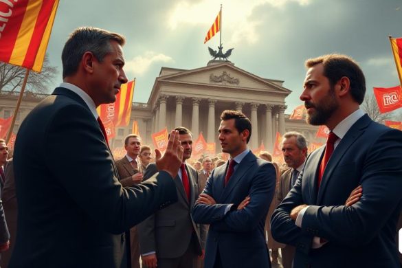 Una escena política dramática se desarrolla en un entorno urbano bullicioso, donde un grupo de políticos, vestidos con trajes formales, se encuentra frente a un gran edificio que simboliza el poder y la autoridad. La atmósfera está cargada de tensión a medida que se involucran en una discusión acalorada, haciendo un gesto enfáticamente a medida que expresan sus diferentes opiniones. En primer plano, un hombre con una expresión severa, presumiblemente un líder, levanta la mano en un gesto dominante, mientras que otro político a su lado parece frustrado, los brazos cruzados. Detrás de ellos, se puede ver un telón de fondo de grandes pancartas con las palabras 'juntas por catalunya' y 'ERC', revoloteando en el viento. La multitud de espectadores, una mezcla de seguidores y críticos, tiene carteles y grita consignas, creando una cacofonía de voces. El cielo de arriba está nublado, reflejando el sombrío estado de ánimo del clima político, mientras que un débil rayo de sol atraviesa las nubes, simbolizando la esper