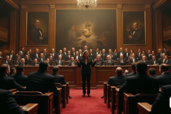 Una escena política tensa se desarrolla en una gran cámara de 'parlamento' adornada, llena de filas de 'bancos de madera' ocupados por 'políticos' involucrados en discusiones acaloradas. El ambiente se cobra, con algunos miembros que señalan apasionadamente, mientras que otros se sientan con cejas fruncidas, reflejando las 'divisiones' dentro del partido. En primer plano, una figura prominente, una "política" con una expresión determinada, se encuentra en un podio, defendiendo apasionadamente la postura de su partido contra 'Okupes' mientras aborda simultáneamente las acusaciones de afiliaciones de 'extrema derecha'. Detrás de ella, una gran pancarta muestra el emblema del partido, simbolizando su lucha por los 'derechos de propiedad' y 'justicia social'. Las paredes están adornadas con 'pinturas históricas' que representan batallas políticas pasadas, sirviendo como un recordatorio de los conflictos ideológicos en curso. La iluminación es dramática, lanzando sombras que enfatizan la tensión en la sala, mientr