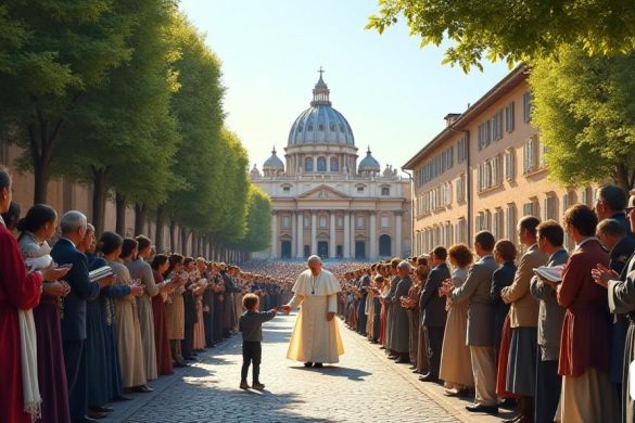 Una escena serena fuera de la residencia 'Santa Marta' en el Vaticano, donde 'Papa Francisco' acaba de regresar después de una larga 'hospitalización'. El edificio se encuentra majestuosamente, su 'fachada de piedra' brilla suavemente al sol de la tarde, rodeado de exuberantes árboles verdes que se balancean suavemente en la brisa. Un grupo de 'seguidores fieles' se reúne afuera, algunos que sostienen 'rosarios' y 'libros de oración', sus expresiones una mezcla de 'alivio' y 'alegría'. En primer plano, un 'niño pequeño' sostiene una pequeña 'paloma blanca', que simboliza la paz y la esperanza, mientras una pareja de ancianos se arrodilla en oración, sus manos apretadas con fuerza. La atmósfera está llena de una sensación de 'gratitud' y 'anticipación' mientras esperan la apariencia del Papa. En el fondo, el icónico 'St. La basílica de Peter 'se puede ver, su cúpula se eleva majestuosamente contra un' cielo azul claro '. La escena captura un momento de 'unidad espiritual' y 'celebración', lo que refleja la pro