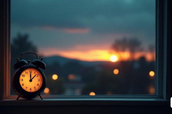 Una escena serena que representa la transición de noche a día, simbolizando el 'cambio de hora' en marzo de 2025. El primer plano presenta un clásico analógico 'reloj' con sus manos moviéndose de 2:00 a 3:00, lo que representa el momento del cambio de tiempo. En el fondo, se desarrolla un pintoresco paisaje, que muestra un "amanecer" con suaves tonos de naranja, rosa y amarillo que se mezclan en el azul oscuro del cielo nocturno. La 'silueta' de los árboles y una colina lejana agrega profundidad a la imagen. Se puede ver un débil brillo de 'lámparas de calle', que se atenúa gradualmente a medida que aumenta la luz natural. Por un lado, una acogedora ventana de 'dormitorio' está ligeramente abierta, lo que permite que la luz de la mañana se vierta, simbolizando la transición de 'dormir' a 'vigilia'. La atmósfera general transmite una sensación de calma y anticipación durante los días más largos por delante, mientras insinúa sutilmente la 'confusión' y los 'desafíos' asociados con el ajuste al nuevo tiempo.