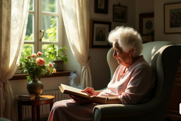 Una escena serena y contemplativa se desarrolla en una habitación iluminada por el sol, donde una anciana, Margalida, con una 'gran melena de cabello blanco', se encuentra en un sillón vintage, rodeada de 'libros' y 'fotografías' que evocan recuerdos de su pasado. Las paredes están adornadas con 'imágenes enmarcadas' de su juventud, capturando momentos de alegría y amor, particularmente con un hombre llamado Miquel, cuyas creencias 'hinduistas' recuerda con una mezcla de 'pasión' y 'melancolía'. Una luz suave se filtra a través de una 'cortina de encaje', que arroja patrones delicados en el piso de madera, mientras que una pequeña 'mesa' a su lado sostiene una taza de té humeante, su aroma llena el aire. Outside the window, a lush garden blooms, symbolizing the 'life' and 'growth' she reflects upon. En sus manos, ella tiene un "libro bien desgastado", sus páginas marcadas con notas y aspectos destacados, representando su búsqueda de comprender los "misterios" de la existencia. La atmósfera está llena de 'intr