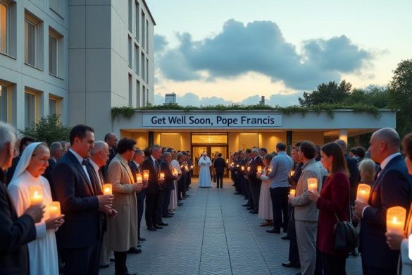 Una escena serena y esperanzadora se desarrolla en el 'Vaticano', donde el 'Papa Francisco' está actualmente hospitalizado. La imagen captura el 'Hospital Gemelli' en Roma, con su arquitectura moderna y una atmósfera tranquila. En primer plano, un grupo de 'fieles' se reúne fuera del hospital, sosteniendo velas y flores, sus caras reflejan una mezcla de 'preocupación' y 'esperanza'. Algunos están vestidos con 'atuendo tradicional', mientras que otros usan ropa casual, simbolizando los diversos antecedentes de quienes apoyan al Papa. El cielo de arriba es un azul suave, con unas pocas 'nubes blancas' esponjosas que se desplazan perezosamente, lo que sugiere un día tranquilo. En el fondo, la entrada del hospital está adornada con 'vegetación', y un gran banner que lee 'se vuelve bien pronto, el Papa Francisco' cuelga de manera prominente. La escena está llena de un sentido de 'unidad' y 'oración', mientras las personas se unen, algunas con la cabeza inclinada en la 'reflexión', mientras que otros comparten conv