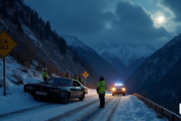 Una escena sombría se desarrolla en la región montañosa de Cantàbria, donde ha ocurrido un trágico accidente. La imagen captura el paisaje 'cubierto de nieve' que rodea la carretera CA-643, con una empinada 'pendiente' que desciende al abismo de abajo. En primer plano, se pueden ver restos de un 'vehículo estrellado', parcialmente enterrado en la 'nieve', su metal retorcido brillando bajo la tenue luz de la luna. Los respondedores de emergencia, vestidos con 'chaquetas reflectantes' brillantes, se recogen alrededor del vehículo, sus expresiones una mezcla de urgencia y tristeza mientras evalúan la situación. El 'cielo oscuro' está lleno de nubes siniestras, insinuando las duras condiciones climáticas que contribuyeron al accidente. En el fondo, las 'montañas' se ven grandes, sus picos espolvoreados con 'nieve blanca', mientras que el camino está marcado con 'señales de advertencia' que indican las condiciones traicioneras. La ausencia de 'barandas' a lo largo del camino es evidente, enfatizando el peligro del