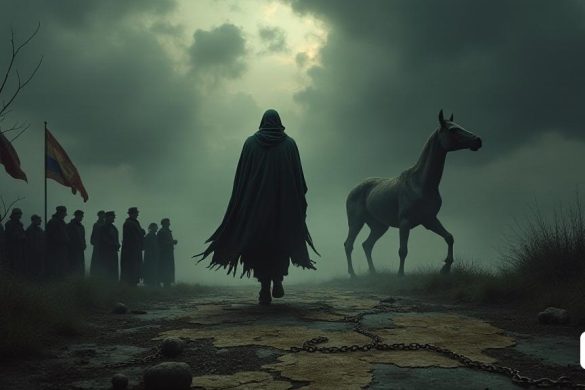 Una escena sombría y dramática que representa a 'Europa' como una figura que camina en un estado de trance hacia un horizonte oscuro y siniestro. La figura está vestida con una capa fluida y hecha jirones que simboliza la 'agitación histórica', con sombras de 'conflicto' y 'crisis' que se avecinan. En el fondo, un cielo tormentoso lleno de nubes oscuras refleja la "tensión" y el "miedo" que impregna el continente. El suelo es desigual, lleno de cadenas rotas y banderas descoloridas que representan a diferentes naciones, lo que significa el panorama político "fracturado". A la izquierda, un grupo de ciudadanos preocupados se reúne, agarrando suministros de emergencia, sus caras grabadas con 'ansiedad' y 'incertidumbre'. A la derecha, una silueta sombría de 'Rusia' se acerca, que emite una larga sombra sobre Europa, que encarna la 'amenaza' percibida por las élites europeas. En primer plano, un mapa desgarrado de Europa se encuentra en el terreno, con flechas que apuntan en direcciones contradictorias, ilustran