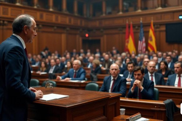Una escena tensa se desarrolla en el 'parlamento' de Cataluña, donde la atmósfera está llena de anticipación y urgencia. En primer plano, 'Salvador Illa', el presidente de Generalitat, se encuentra en un podio de madera pulida, su expresión una mezcla de determinación y preocupación. Está vestido con un traje marino a medida, con una camisa blanca crujiente y una corbata roja intensa, simbolizando su papel como líder en medio del caos. Detrás de él, las banderas de Cataluña y España cuelgan prominentemente, sus colores son vibrantes contra los tonos apagados de la 'cámara'. Las filas de los 'diputados' están llenos de un grupo diverso de individuos, cada una de las cuales representa diferentes partidos políticos, sus caras reflejan un espectro de emociones de la ira a la resolución. 'Sílvia Paneque', la Consellera de Territori, se sienta nerviosamente en su asiento designado, su ceño fruncido mientras se prepara para las críticas inminentes. La oposición, una coalición de partidos que incluyen 'ERC', 'Comuns'