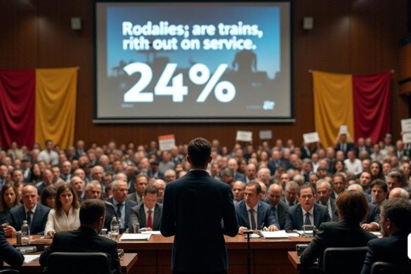 Una escena tensa se desarrolla en el 'Parlamento' de Catalunya, donde la atmósfera está llena de frustración y urgencia. En primer plano, 'Salvador Illa', el presidente de Generalitat, se encuentra en un podio, su expresión una mezcla de determinación y preocupación mientras se dirige a un mar de 'políticos' y 'periodistas'. Detrás de él, una pantalla grande muestra estadísticas alarmantes sobre el servicio de 'Rodalies', destacando que el '24%'de los trenes están fuera de servicio. La habitación está llena de un grupo diverso de 'políticos', algunos visiblemente agitados, mientras que otros toman notas o susurran entre ellos. El telón de fondo presenta pancartas y banderas que representan varios partidos políticos, simbolizando el panorama político fragmentado. En la audiencia, los 'ciudadanos' y 'activistas' tienen pancartas que exigen una acción inmediata, sus caras reflejan una combinación de esperanza y escepticismo. El estado de ánimo general es de urgencia, ya que el público lidia con las implicaciones