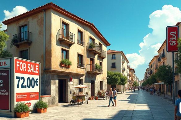 Una escena urbana vibrante que representa las realidades contrastantes de la vivienda en Tarragona, España. El primer plano presenta un letrero de 'en venta' frente a un edificio de apartamentos modesto y desgastado, que muestra el precio reducido de '72 .000 €, prominentemente exhibido. La fachada del edificio está adornada con pintura descolorida y algunas plantas en macetas en el balcón, insinuando su estado 'ocupado'. En el fondo, una calle bulliciosa resalta la vibrante vida de la ciudad, con gente caminando, un vendedor callejero que vende bocadillos y niños jugando. El cielo es un azul brillante, salpicado de nubes blancas esponjosas, creando una sensación de optimismo en medio de la crisis de la vivienda. Por un lado, una valla publicitaria muestra estadísticas sobre la reducción de precios del '51%'para las viviendas ocupadas y la creciente tendencia de comprar' Okupats '. La escena captura la esencia del dilema actual de la vivienda en España, combinando la belleza de Tarragona con las marcadas real
