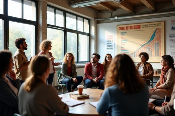 Una escena urbana vibrante que representa un grupo diverso de personas involucradas en una reunión comunitaria sobre 'Hábitatge Cooperatiu' (vivienda cooperativa). El entorno es una habitación espaciosa y bien iluminada llena de luz natural que transmite a través de grandes ventanas, que muestra una mezcla de elementos arquitectónicos modernos y tradicionales. En primer plano, un panel diverso de altavoces, incluida una mujer de mediana edad con 'cabello rizado' y gafas, discute apasionadamente el 'crisi de l’ hábitatge' (crisis de la vivienda) mientras señala una gran 'infografía' en la pared que ilustra el surgimiento de los precios 'Lloguer' (alquiler). Los asistentes, que representan varias edades y antecedentes, están sentados en un semicírculo, algunos toman notas en 'cuadernos', mientras que otros participan en discusiones animadas. La atmósfera es de colaboración y urgencia, con carteles que abogan por el 'cooperativismo' (cooperativismo) y 'sostenibilitat' (sostenibilidad) que adornan los muros. En e