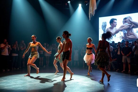 Una escena vibrante del Festival Dansa Metropolitana, que muestra una actuación de danza dinámica en el Mercat de Les Flors. El escenario está iluminado con dramática 'iluminación' que arroja sombras, mejorando la atmósfera 'subterránea'. Cinco bailarines, incluido àngel Duran, están en movimiento, sus cuerpos expresan una variedad de emociones desde 'violencia' hasta 'ternura'. Llevan disfraces eclécticos que combinan la 'estética juvenil de la' subcultura juvenil, con algunas 'piel' reveladora y otras adornadas con 'tela' que cuelga de arriba, creando un sentido de 'fluidez' y 'movimiento'. La audiencia está cautivada, sus caras reflejan una mezcla de 'emoción' y 'curiosidad'. En el fondo, una pantalla grande muestra imágenes abstractas que complementan el rendimiento, mientras que el aire se llena con una energía eléctrica, que encarna la esencia de 'juventud' y 'disidencia'. La composición general captura la esencia de la danza contemporánea, fusionando la expresión 'artística' con matices 'políticos', in