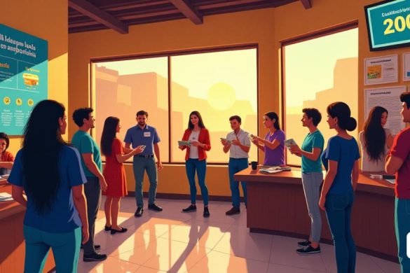 Una escena vibrante e informativa que representa un centro comunitario en Catalunya, llena de actividad a medida que las personas se reúnen para aprender sobre el nuevo programa de asistencia de alquiler. En primer plano, un grupo diverso de individuos de edad entre '36' y '64' años se dedican a una conversación, algunos que tienen folletos informativos que resaltan la ayuda de alquiler '200 euros'. Las paredes están adornadas con carteles coloridos que detallan los requisitos de elegibilidad, incluidas frases como 'Residència Legal A Catalunya' y 'Unitat de Convivència'. Un miembro amable del personal, que usa una etiqueta de nombre, está ayudando a una pareja en un mostrador de registro, mientras que una pantalla digital en el fondo muestra la fecha límite de aplicación del '11 d’Abril a Les 14:00 h '. Fuera de las grandes ventanas, el sol brilla intensamente, arrojando un brillo cálido en la escena, simbolizando la esperanza y el apoyo a las familias en riesgo de 'Exclusio Residencial'. El ambiente está ll