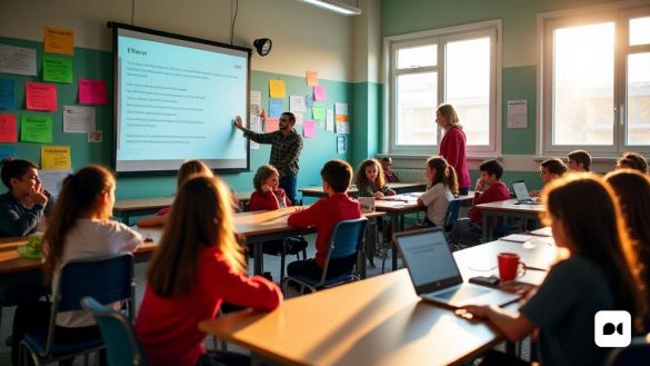 Una escena vibrante en el aula en IES Pare Vitòria en Alcoi, llena de entusiastas estudiantes que participan en diversas actividades educativas. En primer plano, un grupo de estudiantes de ESO de primer año se reúne alrededor de una gran pantalla digital, colaborando en su proyecto 'Petites Eines'. Están discutiendo animadamente sus ideas, con coloridas notas pegajosas y computadoras portátiles dispersas a su alrededor. Los muros están adornados con carteles que muestran sus proyectos y logros pasados, incluido el prestigioso 'Premi Carmen Miquel'. En una esquina, un estudiante está trabajando en un 'BookTrailer' para 'Dràcula', con un croma verde preparado para filmar. Otro grupo es practicar sus habilidades de presentación, utilizando una computadora portátil para crear una presentación de 'PowerPoint', mientras que un maestro las guía, enfatizando la importancia de usar la tecnología más allá de las pantallas móviles. El ambiente es animado y creativo, lo que refleja el compromiso de la escuela con la educ