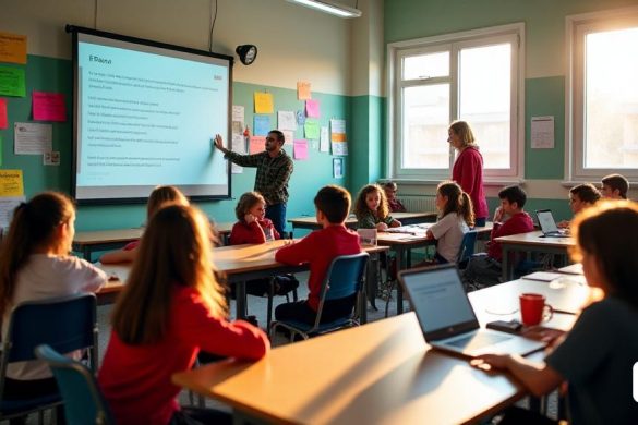 Una escena vibrante en el aula en IES Pare Vitòria en Alcoi, llena de entusiastas estudiantes que participan en diversas actividades educativas. En primer plano, un grupo de estudiantes de ESO de primer año se reúne alrededor de una gran pantalla digital, colaborando en su proyecto 'Petites Eines'. Están discutiendo animadamente sus ideas, con coloridas notas pegajosas y computadoras portátiles dispersas a su alrededor. Los muros están adornados con carteles que muestran sus proyectos y logros pasados, incluido el prestigioso 'Premi Carmen Miquel'. En una esquina, un estudiante está trabajando en un 'BookTrailer' para 'Dràcula', con un croma verde preparado para filmar. Otro grupo es practicar sus habilidades de presentación, utilizando una computadora portátil para crear una presentación de 'PowerPoint', mientras que un maestro las guía, enfatizando la importancia de usar la tecnología más allá de las pantallas móviles. El ambiente es animado y creativo, lo que refleja el compromiso de la escuela con la educ