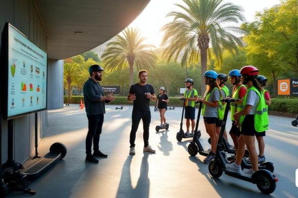 Una escena vibrante en el 'Campus Motor Anoia', donde un grupo de 'adultos jóvenes' entusiastas de entre 16 y 18 años se reúnen para un 'curso de entrenamiento' en 'scooters eléctricos'. El escenario es una moderna 'instalación de entrenamiento' con arquitectura elegante y contemporánea, rodeada de exuberante vegetación. En primer plano, un "instructor dinámico", Miquel Vives, está explicando apasionadamente las "reglas de tráfico" y las "medidas de seguridad" relacionadas con el uso de scooter eléctricos. Él hace un gesto hacia una gran 'pantalla' que muestra gráficos informativos sobre 'seguridad vial' y 'operación de scooter'. Los jóvenes participantes, que usan 'cascos' y 'chalecos de seguridad', están comprometidos, tomando notas y haciendo preguntas. En el fondo, es visible un "área de entrenamiento práctico", donde otro grupo está practicando sus habilidades de conducción en scooters eléctricos, navegando a través de conos y demostrando "técnicas de frenado". La atmósfera es animada y educativa, con pa