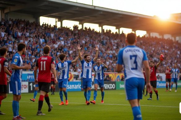 Una escena vibrante en el estadio 'Municipal de Les viene', lleno de entusiastas fanáticos con los colores de 'CF Igualada'. La atmósfera es eléctrica, con seguidores agitando banderas y pancartas, sus caras pintadas en colores de equipo, mostrando su inquebrantable apoyo. En el campo, los jugadores de 'CF Igualada', vestidos con sus tradicionales kits azules y blancos, están celebrando un gol, con un jugador, 'Sandoval', levantando los brazos triunfantes después de anotar el empate. El equipo contrario, 'UD Parc', con sus uniformes rojos y negros, parece abatido en el fondo. El marcador muestra '1-1', capturando la intensidad del partido. El sol se está poniendo, lanzando un brillo cálido sobre el campo, destacando la determinación en las caras de los jugadores mientras se preparan para la próxima jugada. La multitud es una mezcla de edades, desde niños hasta fanáticos mayores, todo unido en su pasión por el juego, creando un sentido de comunidad y emoción. La escena encapsula la esencia del fútbol local, do