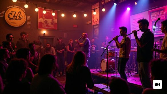 Una escena vibrante en el festival 'Jazz I Am', celebrado en el icónico teatro del café 'El Molino', lleno de energía y creatividad. El lugar está lleno de una audiencia diversa, incluidos 'productores', 'programadores', 'músicos' y 'periodistas', todos reunidos para celebrar la 'música en vivo'. El escenario está adornado con luces coloridas, iluminando a los artistas mientras participan en apasionadas actuaciones de 'jazz'. En primer plano, un grupo de músicos, incluido un 'flautista', 'bajista' y 'baterista', están profundamente inmersos en su oficio, mostrando sus habilidades con expresiones intensas. La atmósfera es eléctrica, con asistentes cautivados por las 'actuaciones en vivo' y 'paneles de discusión' sobre 'música y diversidad'. Las paredes de 'El Molino' hacen eco con los sonidos del 'Jazz libre', mientras que la audiencia, una mezcla de 'joven' y 'viejo', asiente, algunos toman notas durante las discusiones perspicaces sobre 'inclusión' y 'desafíos culturales' en la industria de la música. El tel