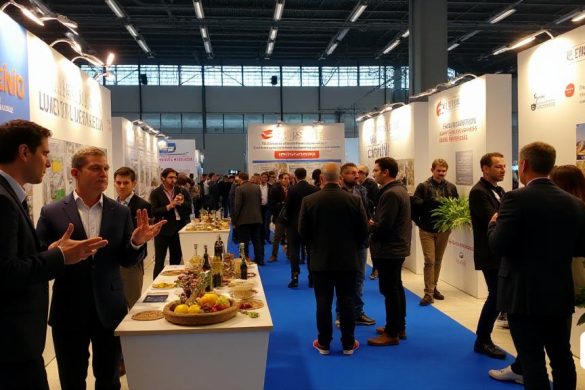 Una escena vibrante en la Feria B-Travel, celebrada en el 'Recinte de Montjuïc' en el 'Fira de Barcelona'. La atmósfera está llena de emoción a medida que los visitantes exploran varias cabinas que muestran la belleza del 'Pirineu' y 'Terres de Lleida'. En primer plano, 'Juan Antonio Serrano', el vicepresidente del 'Patronat de Turisme', se dedica a una conversación con los asistentes, haciendo un gesto con entusiasmo sobre las atracciones de la región. A su lado, 'Juli Alegre', el director de la organización, se ve discutiendo la importancia de 'actividades gastronómicas' y 'oleoturismo' con un grupo de turistas interesados. Las pancartas y exhibiciones coloridas resaltan el 'turismo activo', 'deportes de aventura', 'naturaleza' y 'cultura' que promueve la región. El stand presenta imágenes atractivas de 'Ruta del Vi de Lleida' e imágenes de productores locales de 'agroalimentari'. Los visitantes muestran manjares locales, con una mesa adornada con productos frescos y botellas de aceite de oliva, invitándolo