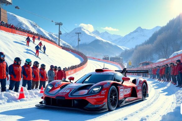 Una escena vibrante que captura la emoción del evento Combinada Auto-Ski 2025. En primer plano, un grupo de participantes entusiastas, vestidos con coloridos equipo 'esquí' y trajes de 'carreras', se reúne alrededor de un elegante y moderno 'carreras' adornado con el logotipo del club ACA. Sus caras están llenas de anticipación, lo que refleja la adrenalina de la próxima competencia. Detrás de ellos, las majestuosas 'montañas nevadas' de Grandvalira se levantan contra un cielo azul claro, insinuando las emocionantes pistas de esquí. A la izquierda, un 'elevador de esquí' asciende la pendiente, con esquiadores con atuendos brillantes que iban, listos para enfrentar el curso de 'slalom gigante'. En el fondo, el Circuit Andorra - Pas de la Casa es visible, con su pista de devanadas marcada por conos coloridos para el 'Autoeslàlom'. Los espectadores se recopilan a lo largo de la barrera, algunos que sostienen pancartas que leen '¡Buena suerte!' y '¡GO ACA CLUB!', Agregando a la atmósfera festiva. La escena está v