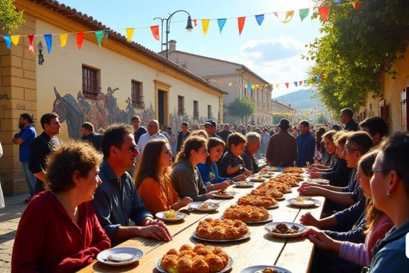 Una escena vibrante que captura la esencia de 'La Bisbal del Penedès' durante las 'tumbas Festa dels Tres'. La imagen presenta una bulliciosa escenario al aire libre en 'Era de Batre', donde un gran grupo de personas se reúne para un 'desayuno popular'. Las pancartas y las banderas coloridas revolotean en la suave brisa, agregando un toque festivo. En primer plano, una larga mesa de madera está cargada de 'tortellas' tradicionales y platos de comida, mientras que las alegrías y amigos alegres comparten risas e historias. El fondo muestra una procesión animada de 'carros', majestuosos 'cavalls' y 'genets' calificados que se preparan para la ruta tradicional que comienza a las 11:30 a.m. La atmósfera está llena de emoción, ya que los niños apuntan a los caballos adornados con intrincados 'guarnimentos', mientras que los adultos hablan animadamente sobre la historia del evento. Los murales que representan escenas de la vida agrícola y el arduo trabajo de los "páginas" se pueden ver en las paredes cercanas, celeb