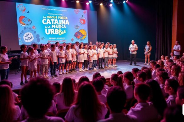 Una escena vibrante que captura la esencia de la 'concursos de la poesia catalana a la música urbana' sostenida en Cambrils. La imagen muestra un animado auditorio lleno de entusiastas estudiantes y educadores, todo comprometido en la celebración de la creatividad. En el escenario, un grupo de jóvenes artistas de 'Col·legi Cardenal Vidal I Barraquer' presenta apasionadamente su adaptación galardonada de 'La Marina Sta Morena', con luces coloridas iluminando sus expresiones. El telón de fondo presenta una gran pancarta con el título del evento en letras en negrita, rodeado de representaciones artísticas de 'poesía' y 'música urbana'. En la audiencia, a los estudiantes de varios 'instituts' se ven aplaudiendo y vitoreando, algunos que contienen pancartas que leen '¡Viva la Poesia!' y 'Música Urbana'. La atmósfera es eléctrica, lo que refleja la emoción del momento como la 'Regidora de Educació', Natalia Pleguezuelos, se encuentra al lado, sonriendo con orgullo ante los logros de los estudiantes. La imagen encap