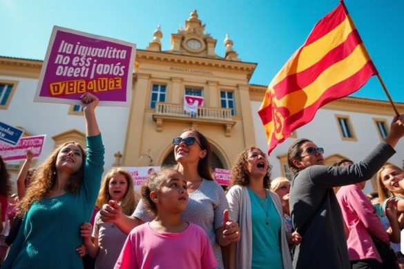 Una escena vibrante que representa a un grupo de activistas apasionados reunidos frente al edificio 'Ajuntament d’Alcoi', adornado con pancartas y pancartas coloridos que abogan por 'IGualtat de Gènere'. La atmósfera está cargada de energía ya que las mujeres y los hombres de diversos edades y antecedentes se unen para la celebración de '8m'. En primer plano, una joven sostiene una señal que dice 'La Igualtat No ESS UNA OPCIÓ', su expresión determinada y esperanzada. A su lado, una mujer mayor saluda una bandera estampada con el símbolo del feminismo, mientras que un grupo de niños, tomados de la mano, mira con curiosidad. El telón de fondo presenta la arquitectura histórica del 'Ajuntamento', con su gran fachada y detalles intrincados, simbolizando la importancia del evento. El cielo es un azul claro, que contrasta con los colores vibrantes de los pancartas, que incluyen frases como 'Drets Real I Efectius' y 'Pacte Valencià Contra La Violència de Gènere'. La multitud está animada, con algunas personas que ha