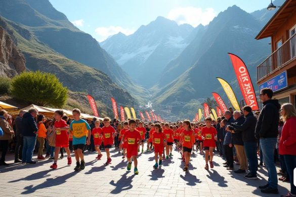 Una escena vibrante que representa el '42A OTSO Travessa d’Camp', ubicado en el impresionante telón de fondo de las montañas Andorran. En primer plano, un animado 'Plaça dels Arínsols' bulliciosa de emoción mientras los niños de 6 a 11 años se preparan para los 'malditos infantiles'. Las pancartas coloridas revolotean en la suave brisa, anunciando el evento, mientras las familias se reúnen, algunas tomando fotos, otras atando cordones o estiramientos. Los jóvenes participantes, con brillantes 'camisetas deportivas' y 'zapatillas de correr', se alinean ansiosamente en el punto de partida, sus caras radian con anticipación. El ambiente es festivo, lleno de risas y aliento de padres y amigos. En el fondo, los majestuosos picos del ascenso de 'montañas Andorran', su belleza robusta contrastando con el alegre caos de abajo. El sol lanza un brillo cálido, iluminando la escena y creando un sentido de comunidad y celebración. Cerca, es visible una cabina de registro, con voluntarios que ayudan a los participantes y u