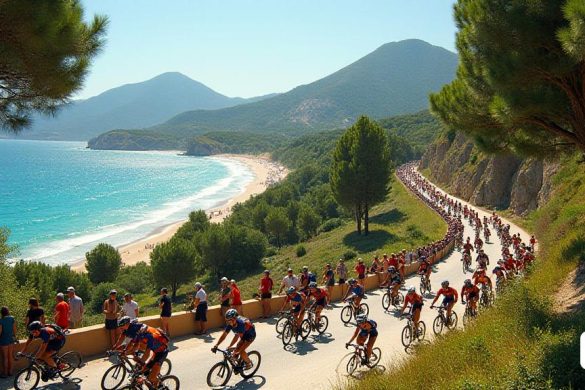 Una escena vibrante que representa el evento 'Marathon Cup BTT' en Cambrils en un día soleado, con '350 participantes' de '20 países 'listos para competir. El telón de fondo presenta el impresionante 'bosque mediterráneo' que rodea el área, con exuberantes árboles verdes y caminos sinuosos. En primer plano, se ve a los ciclistas de varios niveles de habilidad preparando sus bicicletas, mostrando una combinación de participantes 'Pro' y 'Abierto'. El punto de partida en 'Passeig de Les Palmeres' está lleno de energía, ya que los espectadores se reúnen para animar. La playa brilla a la luz del sol, contrastando maravillosamente con el 'terreno montañoso' en la distancia. Cuando comienza la carrera, los ciclistas son capturados en movimiento, pedaleando a lo largo de la ruta pintoresca que corre paralela a un 'arroyo' antes de ingresar al bosque. El ambiente está lleno de emoción y camaradería, destacando la filosofía inclusiva del evento. Después de la carrera, se establece una gran área comunitaria para que lo