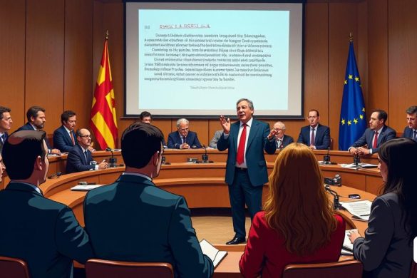 Una escena vibrante que representa el 'Parlamento de Catalunya' en sesión, lleno de representantes de varios grupos políticos, incluidas 'juntas por catalunya', 'Esquerra republicana', 'PSC', 'Comuns', 'Particit Popular' y 'Candidatura d’Adtatat Popular - Defensem La Terra'. La habitación está adornada con la 'bandera catalana' y la 'bandera de la Unión Europea', que simboliza la unidad y la colaboración. En primer plano, 'Diputat Ignesi Prat' presenta apasionadamente la propuesta con respecto a 'Escola la Rosella', mientras que 'Alcalde Joan Andreu Urbano' escucha con atención, rodeada de miembros de la 'Plataforma Rosselló per una Escola Millor'. La atmósfera se encarga de anticipación, ya que los representantes discuten la urgente necesidad de mejoras en las condiciones educativas. El telón de fondo presenta una pantalla grande que muestra el texto de la resolución, enfatizando el compromiso con la 'Educaciones de Modernitzar Les Instal·Lacions'. La audiencia, una mezcla de educadores y miembros de la comu