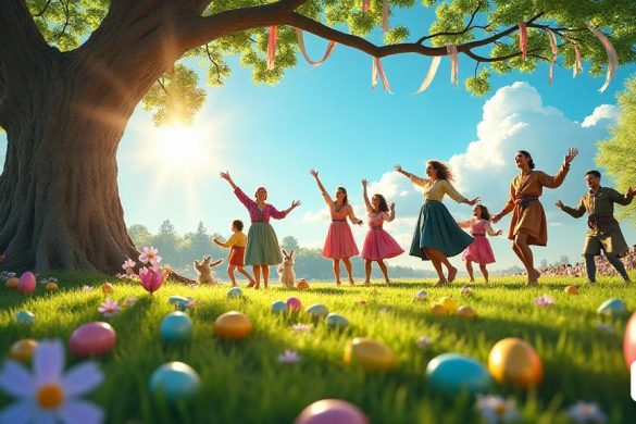 Una escena vibrante que representa la esencia de las celebraciones de 'primavera' durante el 'equinoccio'. El primer plano presenta un exuberante prado verde salpicado de coloridas 'flores' en plena floración, simbolizando 'fertilidad' y 'renovación'. En el centro, un grupo de personas alegres vestidas con los "trajes populares" tradicionales se dedican a bailes animados, sus rostros irradian la "felicidad" y la "espiritualidad". Cerca, los niños están jugando con 'huevos coloridos' y 'conejos', que representan los símbolos del 'renacimiento' y la 'nueva vida'. En el fondo, un árbol antiguo se mantiene de alto, sus ramas adornadas con 'cintas' y 'decoraciones', lo que significa la conexión con la 'naturaleza' y la 'tradición'. El cielo es un azul brillante, con el sol brillando, arrojando una cálida 'luz' sobre la escena. Una suave brisa susurra las hojas, agregando una sensación de 'movimiento' y 'vida' a la atmósfera. Esta imagen captura la celebración de la vida, la transición del 'invierno' a la 'primaver