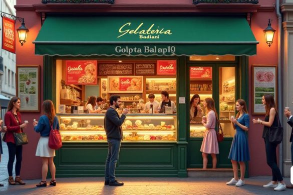 Una escena vibrante que representa la 'Gelateria badiani' en Barcelona, ​​llena de clientes entusiasmados. La tienda cuenta con un encantador diseño 'italiano', con grandes ventanas de vidrio que muestran una variedad de coloridos sabores de 'helado'. En el interior, una vitrina llena de 'gelato artesanal' brilla bajo iluminación cálida, destacando las opciones ricas de 'chocolate', 'fresa' fresca y pistacho 'exótico'. Los clientes, una mezcla de lugareños y turistas, se ven disfrutando de su 'Copa Piccola', saboreando cada bocado cremoso. El ambiente es animado, con risas y charlas llenando el aire, mientras que un estandarte promocional para el concurso 'un año de gelato libre' cuelga de manera prominente. Afuera, el sol lanza un brillo cálido en la calle adoquín, mejorando el acogedor ambiente de esta querida gelateria.