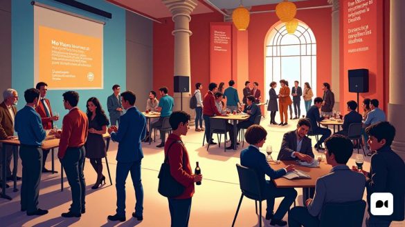 Una escena vibrante que representa las 'artes catalanas de Mostra pro' que tiene lugar en 'La Llotja', ubicada en el primer piso del 'Museu de la Pell'. El interior está lleno de actividad, mostrando una combinación de 'profesionales' y 'artistas' involucrados en discusiones y redes. Las pancartas de colores brillantes con el logotipo del evento adornan las paredes, mientras que las pequeñas mesas se configuran para reuniones informales. Los asistentes, una mezcla de "creadores" locales e internacionales de países como 'The United Reino Uny', 'Irlanda', 'Dinamarca' y 'Chile', se ven intercambiando ideas y tarjetas de presentación. En una esquina, una discusión de 'mesa redonda' está en marcha, con 'Cristina Alonso' moderando, mientras que un proyector muestra información sobre 'educación cultural'. Cerca, un grupo de jóvenes 'entusiastas del teatro' participa con entusiasmo en un taller dirigido por 'Margarida Troguet', creando una atmósfera de colaboración y aprendizaje. El aroma del 'vino catalán' llena el
