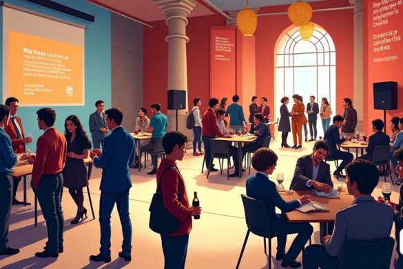 Una escena vibrante que representa las 'artes catalanas de Mostra pro' que tiene lugar en 'La Llotja', ubicada en el primer piso del 'Museu de la Pell'. El interior está lleno de actividad, mostrando una combinación de 'profesionales' y 'artistas' involucrados en discusiones y redes. Las pancartas de colores brillantes con el logotipo del evento adornan las paredes, mientras que las pequeñas mesas se configuran para reuniones informales. Los asistentes, una mezcla de "creadores" locales e internacionales de países como 'The United Reino Uny', 'Irlanda', 'Dinamarca' y 'Chile', se ven intercambiando ideas y tarjetas de presentación. En una esquina, una discusión de 'mesa redonda' está en marcha, con 'Cristina Alonso' moderando, mientras que un proyector muestra información sobre 'educación cultural'. Cerca, un grupo de jóvenes 'entusiastas del teatro' participa con entusiasmo en un taller dirigido por 'Margarida Troguet', creando una atmósfera de colaboración y aprendizaje. El aroma del 'vino catalán' llena el