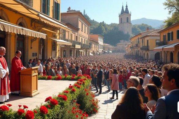 Una escena vibrante que representa las celebraciones de 'Setmana Santa' en Torredembarra, que muestra un ambiente animado lleno de participantes y espectadores. La imagen captura el 'Pati del Castell' adornado con decoraciones coloridas, donde se está llevando a cabo el 'Presentació de L’Opuscle', con un podio con 'Pere Font' hablando y 'Jordi Salvat' moderando el evento. En el fondo, una multitud se reúne, algunos sosteniendo 'Punts de Llibre' con códigos QR, mientras que otros entablan una conversación. Las calles están bordeadas de miembros de 'ConfCrionarios' en la vestimenta tradicional, preparándose para el 'Viacrucis' y el 'Benedicció de Rams'. La 'Plaça del Castell' está llena de actividad a medida que realizan bandas, sus instrumentos brillan bajo la luz del sol. La imagen también incluye el 'Església de Sant Pere Apòstol' en la distancia, con su majestuosa arquitectura sirviendo como telón de fondo para el solemne 'Enterramento Processó del Sant'. El estado de ánimo general es una combinación de rev