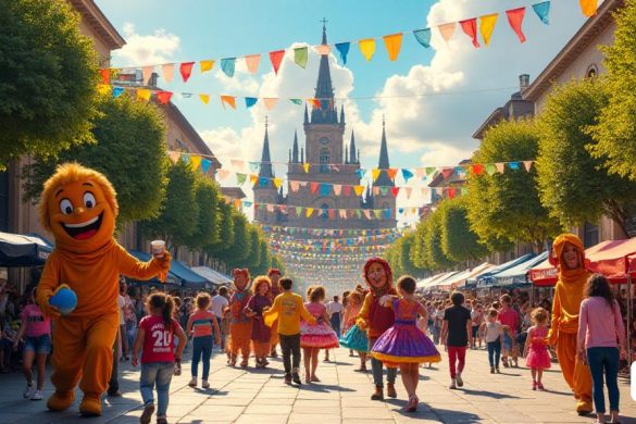 Una escena vibrante que representa las 'Festas de Santa Madrona' en el vecindario 'Poble-Sec' de Barcelona, ​​ubicado en un telón de fondo de coloridos pancartas y decoraciones. La 'Plaça de Santa Madrona' está llena de actividad, llena de familias y amigos que disfrutan de las festividades. En primer plano, un gran 'Gegantona' llamado 'Cinta' se eleva sobre un grupo de niños emocionados, mientras que 'Capgrossos' del 'Escola Mossèn Jacint Verdaguer' bailan con alegría. Cerca, se está llevando a cabo un 'Xocolatada Infantil', con niños que reciben ansiosamente tazas de rico chocolate caliente. A un lado, un 'infantil de Danses' dirigido por 'bufanúvols' cautiva a una pequeña audiencia, mientras los niños giran y saltan con trajes coloridos. El ambiente es animado, con los sonidos de risas y música llenando el aire. En el fondo, una 'Ballada de Sardan' está en pleno apogeo, con participantes formando círculos y bailando con gracia. El 'Església de Santa Madrona' se encuentra majestuosamente, adornado con flore