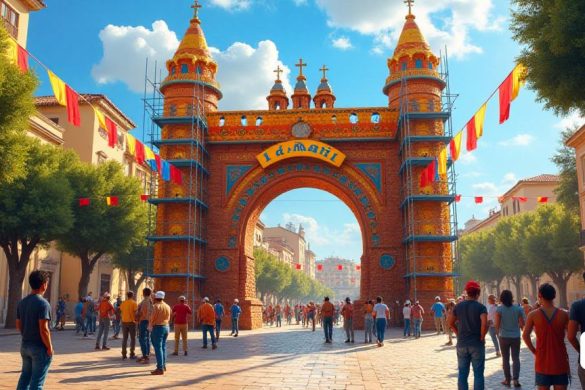 Una escena vibrante que representa los preparativos para las 'Festas de Moros I Cristians' en Alcoi. En primer plano, los trabajadores están ocupados reuniendo el 'Castell de Festes', una gran estructura adornada con pancartas coloridas y diseños intrincados, mostrando el rico patrimonio cultural del festival. El 'Castell' está parcialmente completado, con andamios y herramientas dispersas, lo que indica el ajetreo y el bullicio de los preparativos. En el fondo, las calles están llenas de árboles, y se pueden ver las primeras señales de la instalación de 'Enramada', con trabajadores cuidadosamente colocando los elementos decorativos que pronto adornarán la ciudad. El ambiente está lleno de emoción y anticipación, ya que los lugareños y visitantes esperan las festividades. Las banderas de colores brillantes revolotean en la suave brisa, y el sol arroja un cálido brillo sobre la escena, mejorando el espíritu festivo. La imagen captura la esencia del esfuerzo de la comunidad y la dedicación a la preservación de