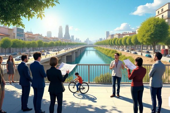Una escena vibrante que representa un ambiente urbano bullicioso en 'Tarragona', que muestra una mezcla de infraestructura moderna y belleza natural. En primer plano, un grupo de 'políticos' determinados se une, con 'Laura Castel' y 'Xavier Puig' destacado, discutiendo apasionadamente los planes de 'movilidad sostenible' y 'transformación urbana'. Están rodeados de planos y modelos de proyectos propuestos, incluido un 'carril para bicicletas' y un 'puente expandido'. El fondo presenta una vista pintoresca del 'río Francolí', con ciclistas que disfrutan de los caminos recién diseñados. Cerca, se ve a los trabajadores de la construcción preparándose para la instalación de 'pantallas acústicas' a lo largo del 'A-7', destinado a reducir el ruido de tráfico para los residentes locales. La atmósfera está llena de una sensación de urgencia y esperanza, ya que los pancartas que abogan por la 'participación comunitaria' y la 'sostenibilidad ambiental' revolotean en la suave brisa. El cielo es un azul claro, que simbol