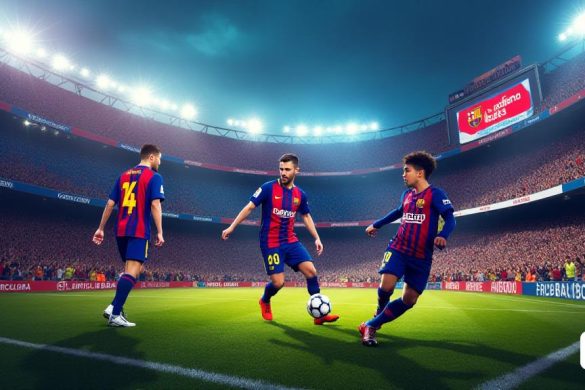 Una escena vibrante que representa un partido de fútbol en el icónico estadio 'Camp Nou', lleno de fanáticos entusiastas con camisetas 'FC Barcelona', ondeando banderas y cantando al unísono. La atmósfera es eléctrica, con pancartas coloridas que cuelgan de las gradas, mostrando los colores del equipo de 'azul' y 'clarete'. En el campo, 'íñigo Martínez', un defensor central determinado, se ve en acción, interceptando hábilmente el balón con una expresión enfocada, mostrando su 'liderazgo' y 'dedicación'. Cerca, 'Vitor Roque', un joven delantero brasileño, se representa en un momento de contemplación, simbolizando su reciente desviación del equipo. El fondo presenta la majestuosa arquitectura 'Camp Nou', iluminada por las brillantes luces del estadio, creando un contraste dramático contra el cielo crepuscular. La imagen captura la esencia del 'espíritu del equipo' y la 'reestructuración' dentro del club, destacando el viaje emocional de ambos jugadores en medio de la emoción de la temporada.