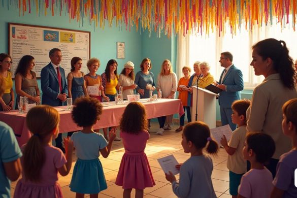 Una escena vibrante se desarrolla dentro de la 'Casa de Cultura' en Castellvell, bulliciosa de emoción mientras las familias se reúnen para el 12 ° 'Concurse de Contes del Lluert'. La habitación está adornada con un colorido tapiz de 'cintas' que simboliza el tema de este año, 'Teixim Vincules'. Los niños, los padres y los abuelos llenan el espacio, sus rostros encendidos con anticipación mientras esperan el anuncio de los ganadores. En primer plano, un grupo de niños con ojos brillantes y curiosos discuten ansiosamente sus historias, algunos que sostienen 'certificados de participación' coloridos y pequeños 'lápices tribales' dotados por la ONG 'Babies Uganda'. La atmósfera es animada, con risas y charla resonando en las paredes. En el centro, 'Anna M. Martí Ollé', el presidente del jurado, se encuentra en un podio, listo para leer el veredicto. Detrás de ella, los miembros del jurado, incluidos 'Maria Teresa Salvat Barenys' y 'Alba Miró Ferré', escuchan atentamente. El alcalde, 'Josep Sabaté', se ve relacio