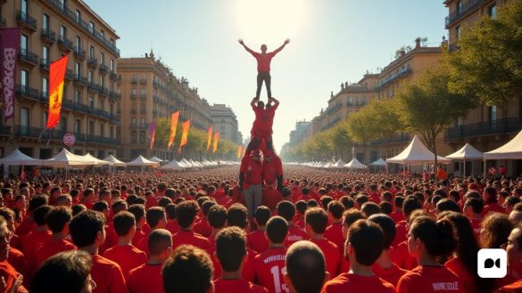 Una escena vibrante se desarrolla en el 'Avinguda del Portal de L’ àngel' en Barcelona, ​​donde se prepara la 'cola vella dels xiquets de valls' para una espectacular exhibición de 'Castells'. The Sun lanza un brillo cálido sobre la multitud, que es una mezcla de espectadores emocionados y participantes dedicados, todos vestidos de coloridas 'camises' que representan a sus respectivos 'colles'. En primer plano, se ve a un grupo de 'Castellers' formando un 'Castell', sus cuerpos entrelazados en una muestra de fuerza y ​​equilibrio, con el 'Canalla' encaramado con confianza en la parte superior. La atmósfera es eléctrica, llena de los sonidos de los vítores y la música tradicional de 'Gralla' que resonan por las calles. Cerca, las pancartas revolotean en la brisa, mostrando los nombres de los 'colles' participantes, mientras que los puestos de comida ofrecen delicias locales, lo que se suma al ambiente festivo. El telón de fondo presenta edificios históricos, su arquitectura que refleja el rico patrimonio cultu