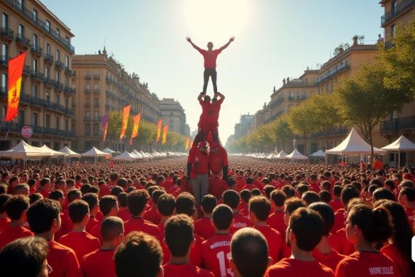 Una escena vibrante se desarrolla en el 'Avinguda del Portal de L’ àngel' en Barcelona, ​​donde se prepara la 'cola vella dels xiquets de valls' para una espectacular exhibición de 'Castells'. The Sun lanza un brillo cálido sobre la multitud, que es una mezcla de espectadores emocionados y participantes dedicados, todos vestidos de coloridas 'camises' que representan a sus respectivos 'colles'. En primer plano, se ve a un grupo de 'Castellers' formando un 'Castell', sus cuerpos entrelazados en una muestra de fuerza y ​​equilibrio, con el 'Canalla' encaramado con confianza en la parte superior. La atmósfera es eléctrica, llena de los sonidos de los vítores y la música tradicional de 'Gralla' que resonan por las calles. Cerca, las pancartas revolotean en la brisa, mostrando los nombres de los 'colles' participantes, mientras que los puestos de comida ofrecen delicias locales, lo que se suma al ambiente festivo. El telón de fondo presenta edificios históricos, su arquitectura que refleja el rico patrimonio cultu