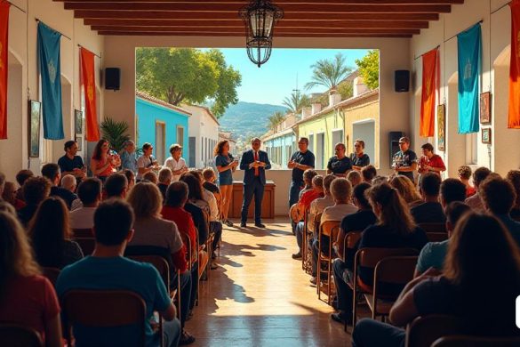 Una escena vibrante se desarrolla en el corazón de 'El Vendrell', donde se presenta la 'Sala de Plens' del Ayuntamiento de emoción y anticipación a medida que se presenta la vigésima edición del 'Open Natura del Vendrell'. La habitación está adornada con pancartas coloridas que muestran el logotipo del evento, mientras que una pantalla grande muestra los detalles de los tres circuitos de ciclismo: el 'Circuito' de 24 km, el 'MIG de circuito' de 47 km y el desafiante 'Circuit Llarg' de 67 km. En primer plano, 'Jordi Calsina', el presidente del club organizador, se encuentra en un podio, discutiendo apasionadamente la importancia del evento no solo como un desafío deportivo sino también como un medio de 'promoción turística' para los hermosos paisajes de la región. A su lado, 'Kenneth Martínez', el alcalde, se involucra con la audiencia, flanqueado por 'Mariona Figueras' y 'àlex Barrera', los concejales deportivos, que asienten de acuerdo. La atmósfera es eléctrica, llena de los sonidos de risas y charlas entre