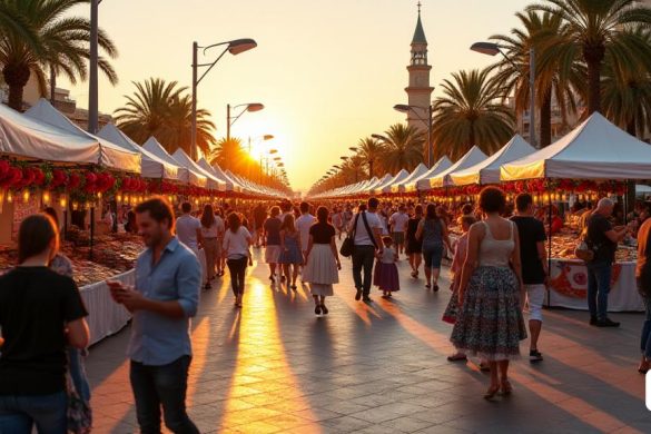 Una escena vibrante se desarrolla en el 'Passeig Miramar' en Cambrils, llena de actividad mientras el festival 'Dies de Llibres' ocupa el centro del escenario. El sol se está poniendo, lanzando un cálido tono dorado sobre la multitud reunido para la celebración literaria anual. Puestos adornados con coloridas 'rosas' y pilas de la línea 'llibres' recién publicada en la línea del paseo, invitando a los transeúntes a explorar las últimas ofertas literarias. Las familias y los niños, algunos agarrados 'contes' en sus manos, se dedican a discusiones animadas sobre sus libros favoritos. Cerca, un grupo de bailarines realiza 'sardanes' tradicionales, sus coloridos disfraces giran en armonía con la música, mientras que un escenario pequeño alberga una actuación callejera cautivadora, provocando risas y aplausos de la audiencia. El aire está lleno del dulce aroma de 'rosas' y el sonido de las páginas girando, creando una atmósfera de alegría y entusiasmo literario. En el fondo, el 'Center Cultural' se destaca con org