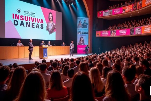 Una escena vibrante se desarrolla en el 'Teatre Municipal L’Teneu', llena de energía a medida que cientos de personas se reúnen para conmemorar el 'Dia Internacional de Les Dones'. El interior del teatro está adornado con pancartas coloridas que celebran el "feminismo" y la "igualdad de género", mientras que la iluminación suave y cálida arroja un brillo acogedor sobre la audiencia. En primer plano, se establece un escenario con un elegante podio donde se encuentra la estimada periodista 'Montse Sanou', irradiando la confianza mientras se prepara para presentar el 'Premis Nativitat Yarza'. La audiencia, una mezcla diversa de jóvenes estudiantes, educadores y miembros de la comunidad, escucha intensamente, sus caras que reflejan una mezcla de anticipación y orgullo. A un lado, dos mujeres jóvenes, 'Dora Marimon Garrido' y 'Ona Morón Jiménez', se sientan juntas, sus expresiones una mezcla de emoción y nerviosismo mientras esperan el anuncio de sus premios. El telón de fondo presenta una pantalla grande que mues