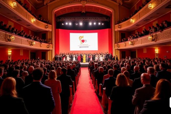 Una escena vibrante se desarrolla en el 'Teatre Romea' en 'Barcelona', donde se lleva a cabo el 'xxvii edició dels Premis de la Crítica de Les Arts Escèniques'. El Gran Teatro está adornado con elegantes 'alfombras rojas' y 'acentos dorados', que refleja el glamour de la noche. Los asistentes, vestidos con 'atuendo formal', se mezclan en el vestíbulo, sus conversaciones llenas de emoción y anticipación. El escenario está listo para la gala, con un gran telón de fondo que muestra el logotipo del evento, iluminado por 'Softlights'. 'Glòria Ribera', la carismática anfitriona, se encuentra en el centro del escenario, su expresión una mezcla de entusiasmo y profesionalismo mientras se prepara para anunciar a los ganadores. La audiencia, una mezcla diversa de 'entusiastas del teatro', 'críticos' y 'artistas', está sentado, sus caras iluminadas por el cálido brillo de las luces del escenario. El ambiente está acusado de energía, ya que la noche promete celebrar lo mejor en 'Artes escénicas' con premios a 'Mejor obra