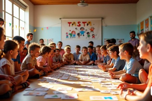 Una escena vibrante se desarrolla en 'L’Ajuntament del Morell', donde un grupo de 'bebés' y 'adolescentes' excitados se reúne para la presentación de los 'àlbum de Cromos col·lecionables del Tasta'. La habitación está llena de decoraciones coloridas, mostrando a los personajes de la 'cola Tastera', cada una que representa un fondo diverso y 'superpoderes' únicas como 'amistat', 'força' y 'createivitat'. En primer plano, una mesa está adornada con los '72 Cromos ', algunos cuidadosamente apilados mientras que otros están siendo intercambiados entre los niños, sus caras radian en alegría. Una gran pancarta se cuelga arriba, estampada con el logotipo de Tasta, mientras que un proyector muestra imágenes del 'Taulell de Joc' con la 'Comarca del Tarragonès'. En una esquina, un grupo de niños se sienta con las piernas cruzadas en el piso, absorto en un juego que involucra a 'retrasos dels Daus', mientras que otros se conectan con entusiasmo a través de una computadora portátil con sus compañeros en diferentes munici