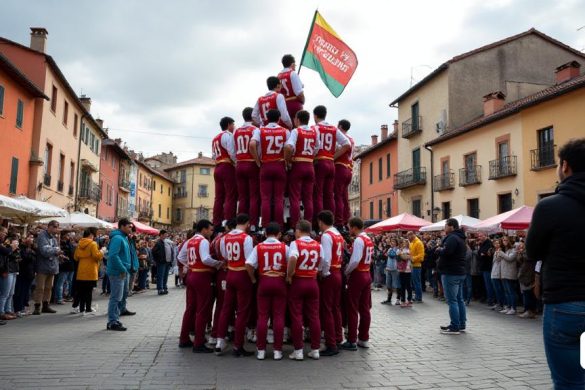 Una escena vibrante se desarrolla en una bulliciosa plaza del pueblo, donde el ambiente está cargado de emoción y anticipación mientras los 'castelladores' se preparan para una exhibición de torres humanas catalanas tradicionales. El aire es crujiente y ligeramente nublado, insinuando las temperaturas frías del fin de semana. En primer plano, un grupo de 'Castellers' de los Minyons de Terrassa, vestidos con sus colores exclusivos de rojo intenso y blanco, están acurrucados, sus caras una mezcla de determinación y camaradería. Están practicando su formación para el 'Doblet Bàsic de 8', sus movimientos sincronizados como un baile bien ensayado. Detrás de ellos, una pancarta colorida fluta en la brisa, leyendo 'Castells de Catalunya' en letras en negrita. A la izquierda, los Moixiganguers d’Igualada también se están preparando, sus uniformes azules y amarillos que contrastan con los tonos más tenues de los Minyons. En el fondo, los espectadores se reúnen, algunos que sostienen cámaras y teléfonos inteligentes, l