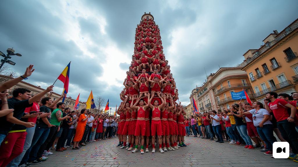 Una escena vibrante se desarrolla en una bulliciosa plaza, llena de personas vestidas con vestios coloridos, celebrando el final de 'Carnaval'. El cielo en lo alto es una mezcla de gris y azul, insinuando un clima impredecible mientras el sol lucha por romper las nubes. En primer plano, un grupo de 'Castellers' forma orgullosamente una torre humana, conocida como 'Castell', que muestra su fuerza y ​​trabajo en equipo. Los 'Capgrossos de Mataró' están en el centro, alcanzando una altura notable con su primer 'Castell de 8' del año, sus caras llenas de determinación y alegría. Al rodearlos, otros 'colles' como los 'Castellers de Barcelona' y 'Castellers de Sant Cugat' también están involucrados en sus propias actuaciones, con varias 'Castells de 7' construidas. Los espectadores de todas las edades animan con entusiasmo, algunos que sostienen pancartas y banderas que representan a sus equipos favoritos. La atmósfera es eléctrica, llena de emoción y camaradería, ya que el 'Baròmetre Estrella' se muestra prominent